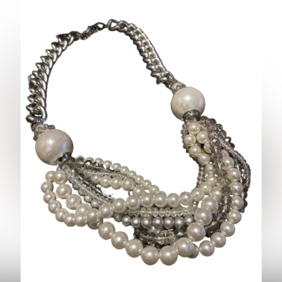 Chunky Faux Pearl, Crystal & Stainless Steel Statement Necklace - Picture 3 of 9
